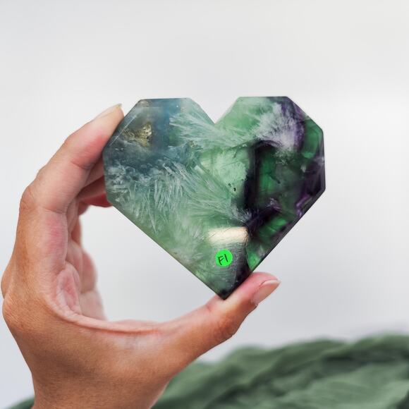 Feather Fluorite Faceted Heart Crystal Carving - Picture 2 of 5